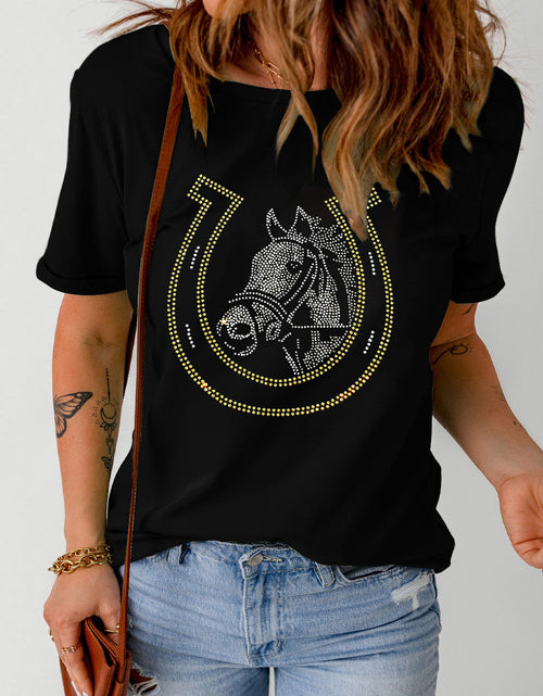 Load image into Gallery viewer, Rhinestone Round Neck Short Sleeve T-Shirt
