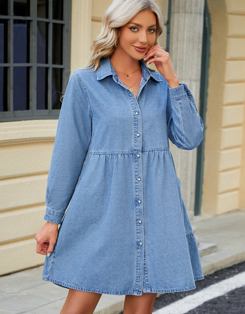 Load image into Gallery viewer, Tiered Button Up Long Sleeve Denim Dress
