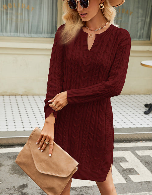 Load image into Gallery viewer, Notched Neck Cable-Knit Slit Sweater Dress
