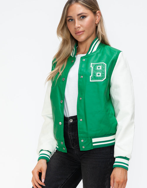 Load image into Gallery viewer, Love Me Now PU Leather Contrast Snap Down Bomber Jacket
