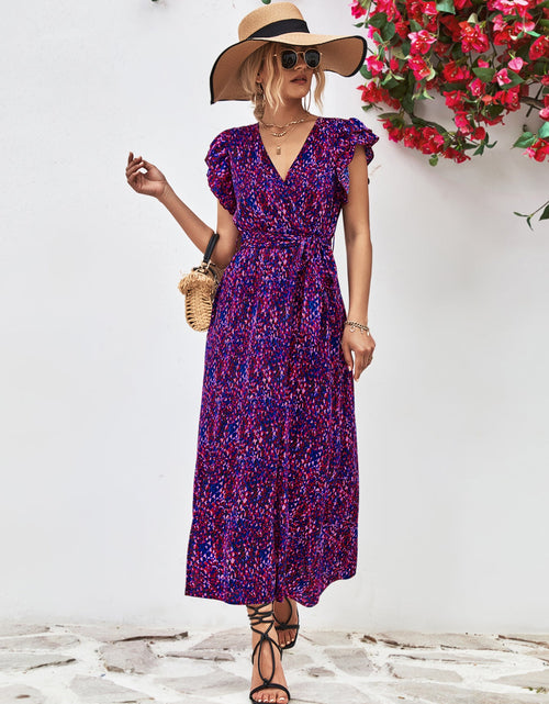 Load image into Gallery viewer, Printed Surplice Neck Flutter Sleeve Slit Dress
