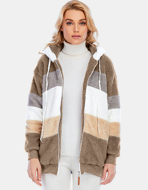 Load image into Gallery viewer, Full Size Drawstring Color Block Zip Up Hooded Outerwear
