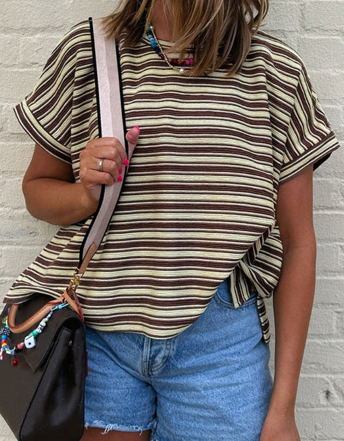 Load image into Gallery viewer, Stripe Textured Side Slit Crew Neck T-Shirt
