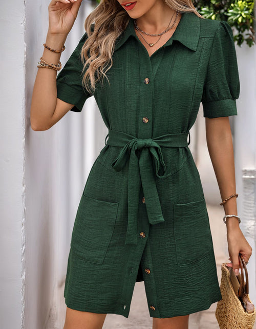 Load image into Gallery viewer, Perfee Tie Waist Button Down Short Sleeve Mini Dress

