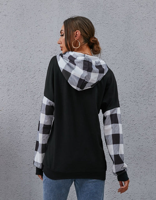 Load image into Gallery viewer, Plaid Drawstring Dropped Shoulder Hoodie
