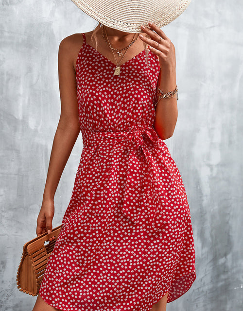 Load image into Gallery viewer, Printed V-Neck Tie Waist Mini Dress
