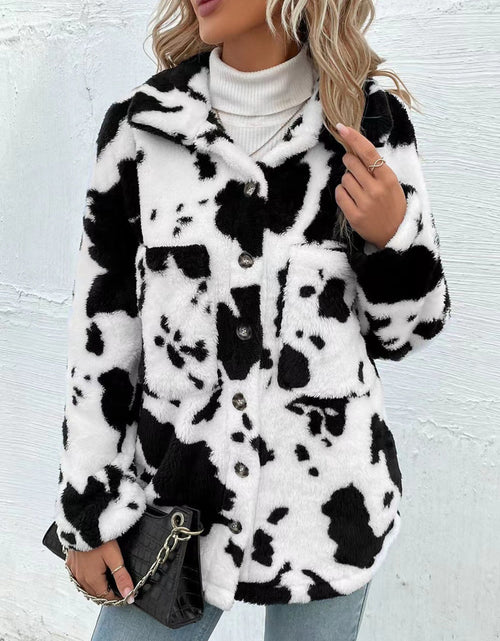 Load image into Gallery viewer, Cow Print Collared Neck Button Up Fuzzy Jacket
