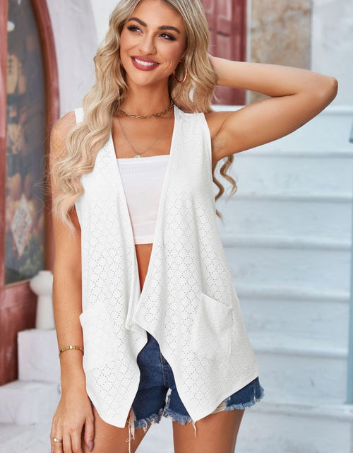 Load image into Gallery viewer, Eyelet Open Front Sleeveless Cardigan
