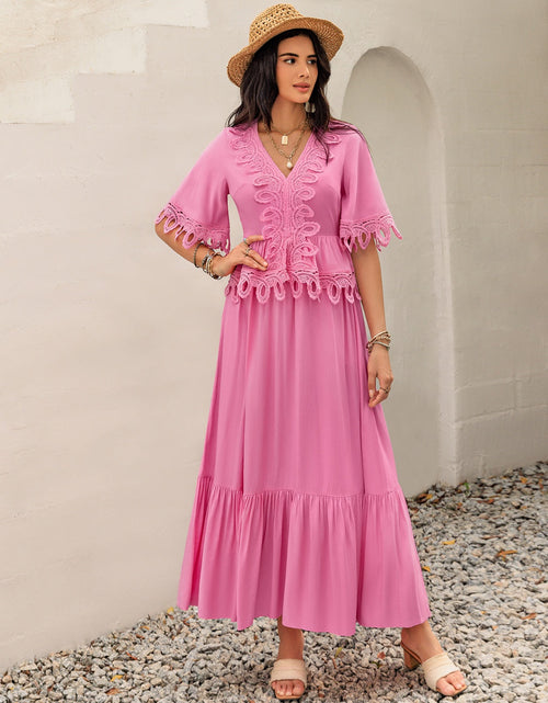 Load image into Gallery viewer, Lace Detail V-Neck Half Sleeve Midi Dress
