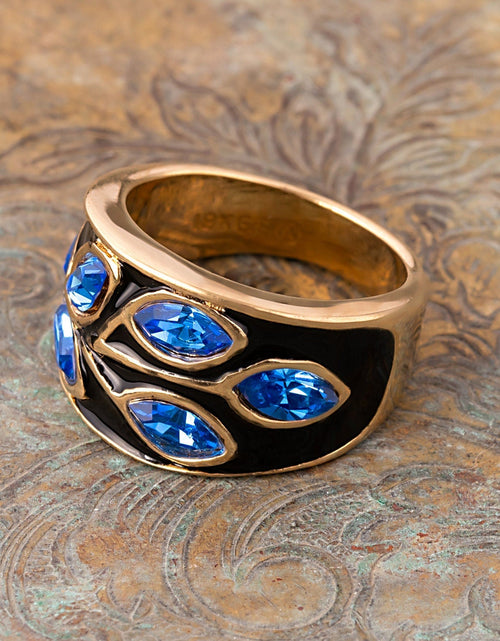 Load image into Gallery viewer, Vintage 1980's Black Enamel Ring with Clear Austrian Crystals Leaf Motif 18k Gold Plated by PVD Vintage Jewelry
