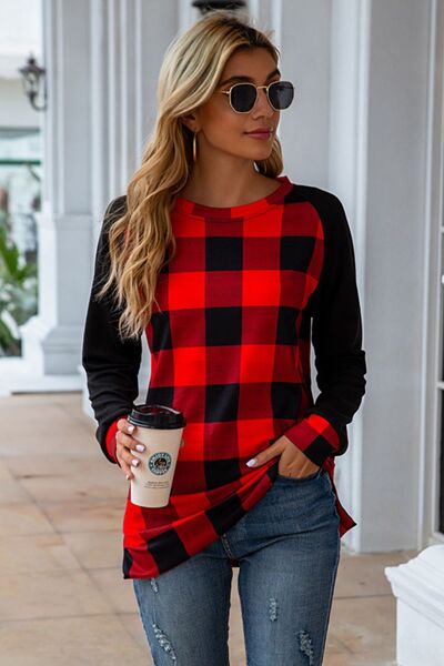 Load image into Gallery viewer, Plaid Round Neck Long Sleeve T-Shirt
