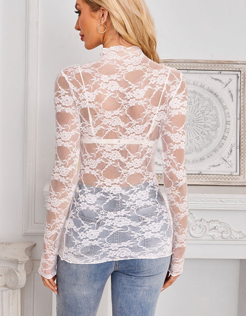 Load image into Gallery viewer, Mock Neck Long Sleeve Lace Sheer Top
