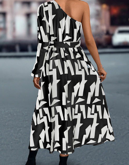 Load image into Gallery viewer, Printed One-Shoulder Tie Waist Dress
