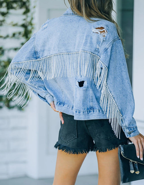 Load image into Gallery viewer, Distressed Fringe Denim Jacket
