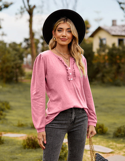 Load image into Gallery viewer, Puff Sleeve Ruffle Trim Blouse
