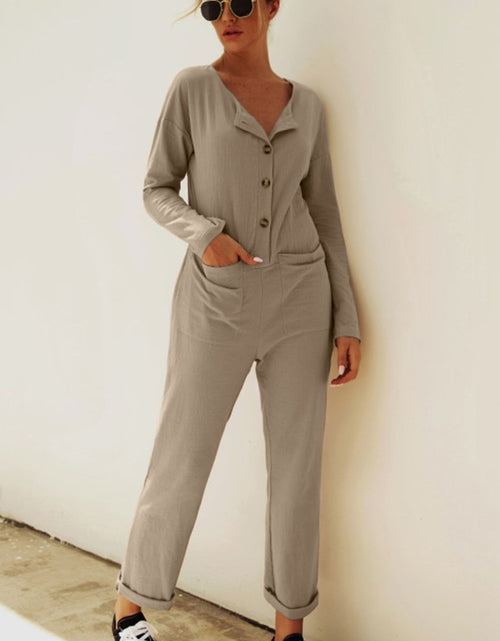 Load image into Gallery viewer, Buttoned Drop Shoulder Pocket Jumpsuit
