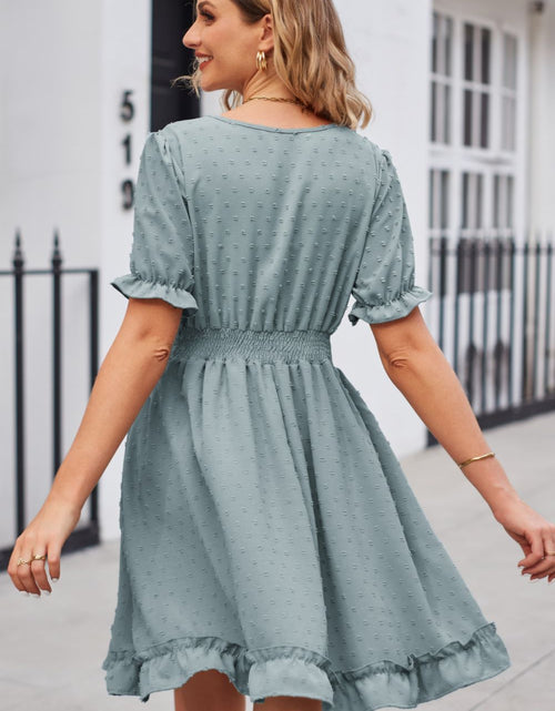 Load image into Gallery viewer, Swiss Dot Frill Trim Flounce Sleeve V-Neck Dress
