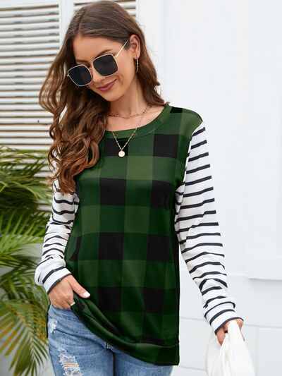Load image into Gallery viewer, Plaid Striped Round Neck Long Sleeve T-Shirt

