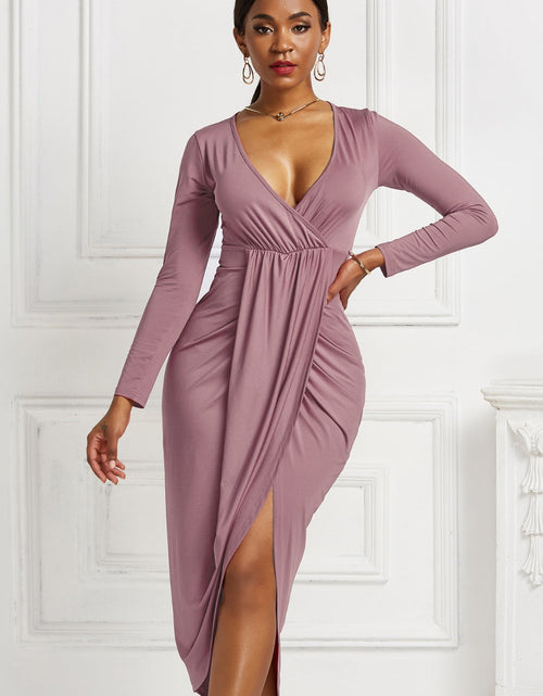 Load image into Gallery viewer, High-low Ruched Surplice Long Sleeve Dress
