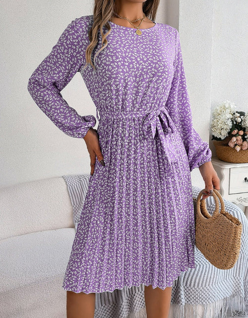 Load image into Gallery viewer, Ditsy Floral Tie Waist Pleated Dress
