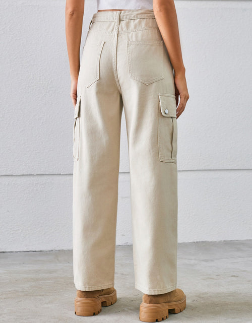 Load image into Gallery viewer, Drawstring Mid-Rise Waist Straight Cargo Jeans
