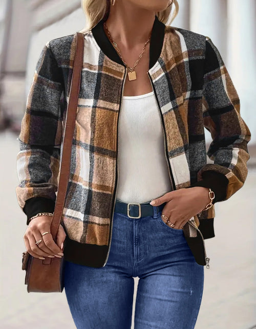 Load image into Gallery viewer, Plus Size Plaid Baseball Collar Zip Up Jacket
