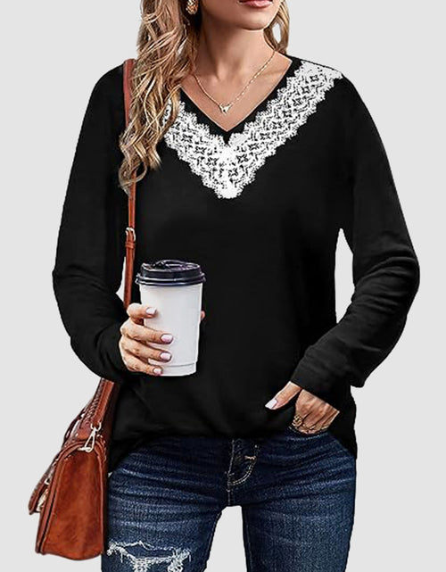 Load image into Gallery viewer, Lace Detail V-Neck Long Sleeve T-Shirt
