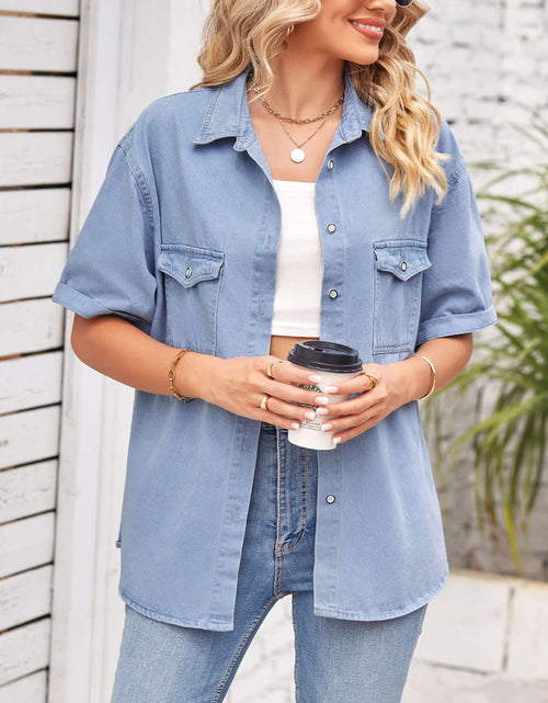 Load image into Gallery viewer, Collared Neck Short Sleeve Denim Jacket
