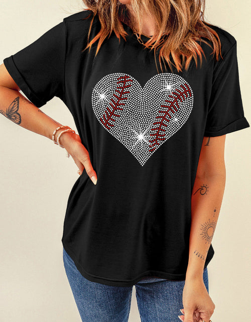Load image into Gallery viewer, Rhinestone Heart Round Neck Short Sleeve T-Shirt
