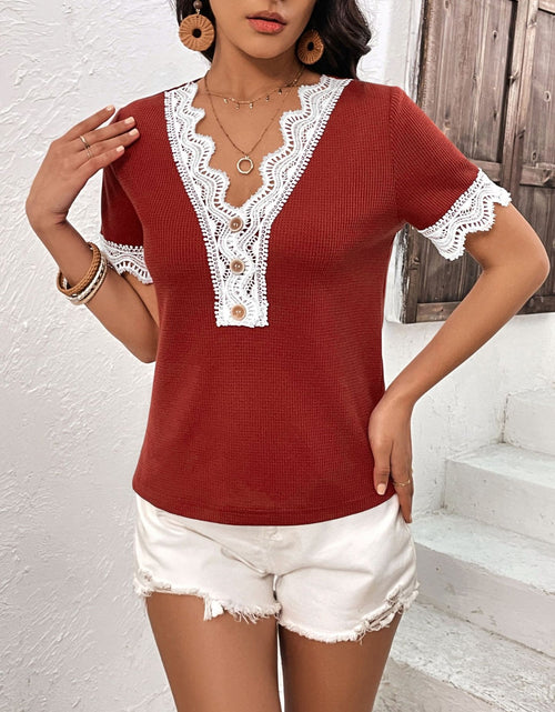 Load image into Gallery viewer, Ivy Lane Lace Detail V-Neck Short Sleeve T-Shirt
