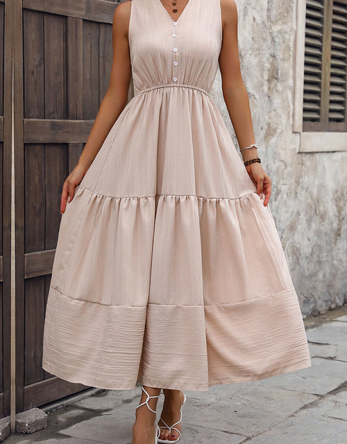 Load image into Gallery viewer, Perfee Decorative Button Notched Tiered Dress
