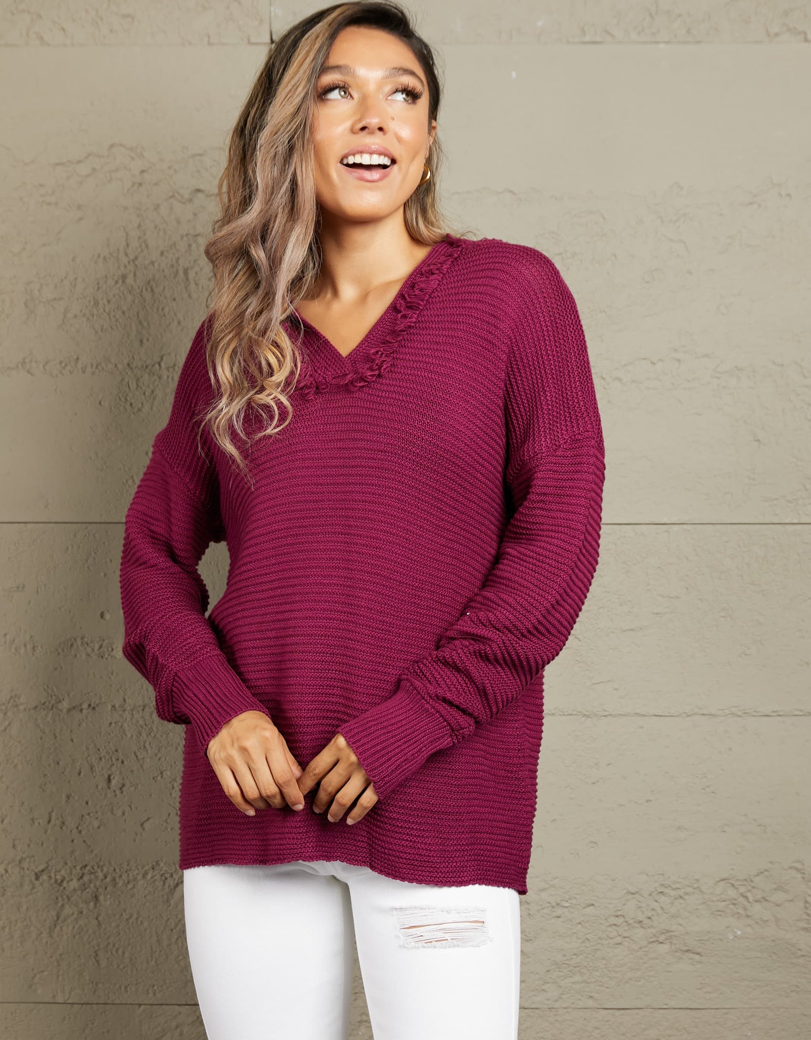 Woven Right Horizontal Ribbing Fringe Trim Hooded Sweater