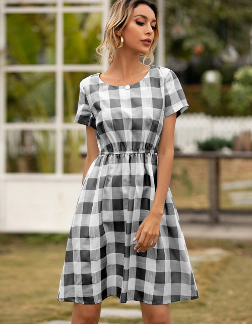 Load image into Gallery viewer, Ivy Lane Smocked Plaid Round Neck Short Sleeve Dress
