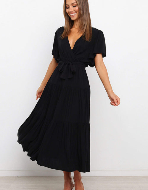 Load image into Gallery viewer, Front Tie Short Sleeve Tiered Midi Dress
