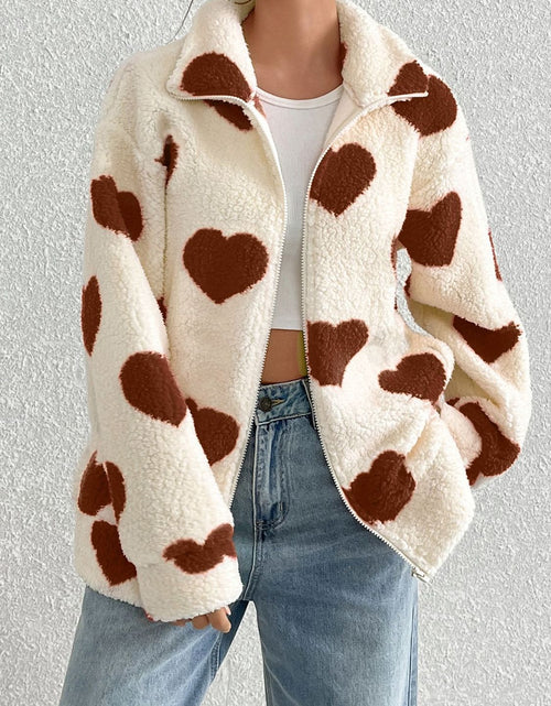 Load image into Gallery viewer, Heart Zip Up Drop Shoulder Furry Jacket
