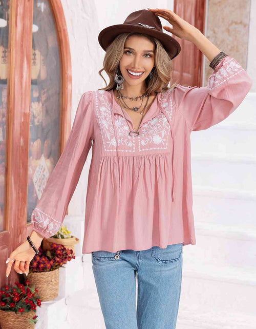 Load image into Gallery viewer, Floral Tie Neck Balloon Sleeve Blouse
