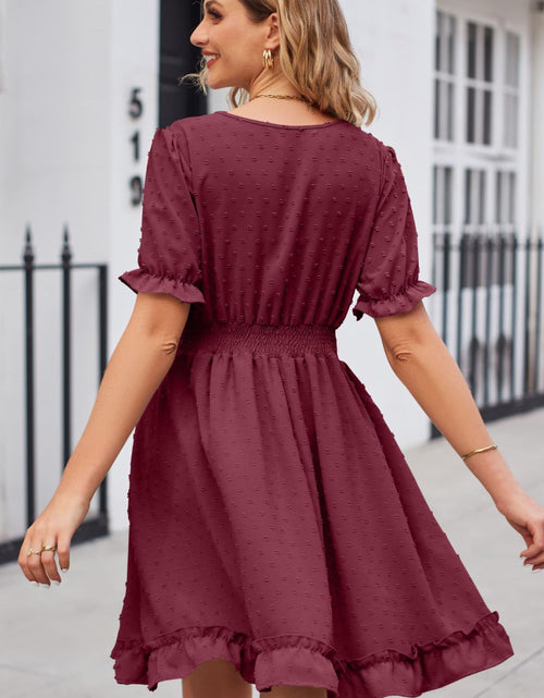 Load image into Gallery viewer, Swiss Dot Frill Trim Flounce Sleeve V-Neck Dress
