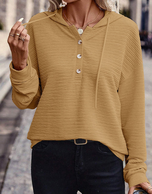 Load image into Gallery viewer, Drawstring Quarter Button Long Sleeve Hoodie
