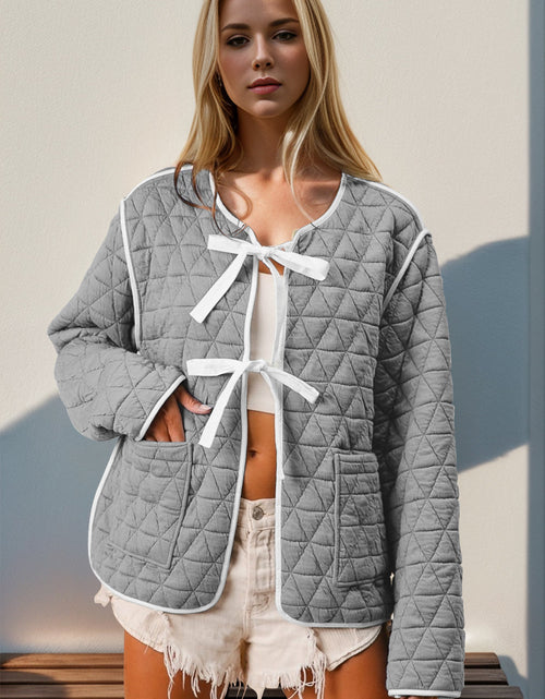 Load image into Gallery viewer, Double Take Contrast Trim Tie Front Quilted Jacket with Pockets
