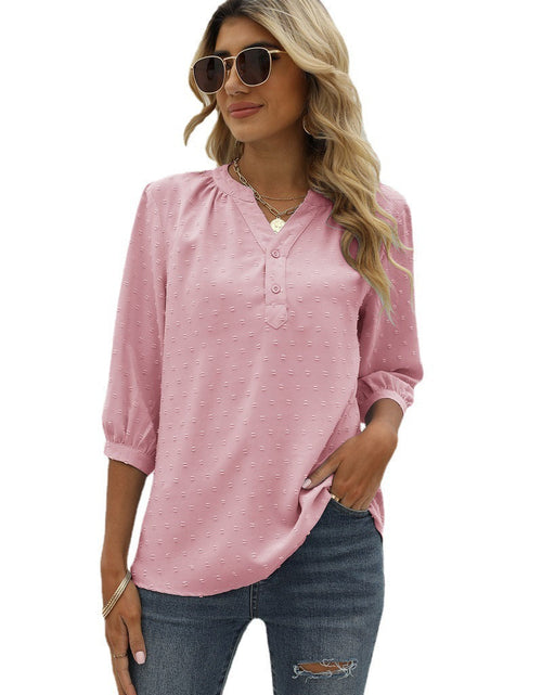 Load image into Gallery viewer, Swiss Dot Notched Neck Three-Quarter Sleeve Blouse
