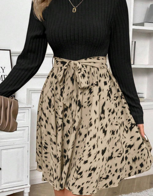 Load image into Gallery viewer, Printed Tie Waist Mock Neck Long Sleeve Dress
