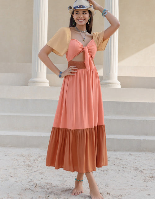Load image into Gallery viewer, Color Block Tie Front Smocked Midi Dress
