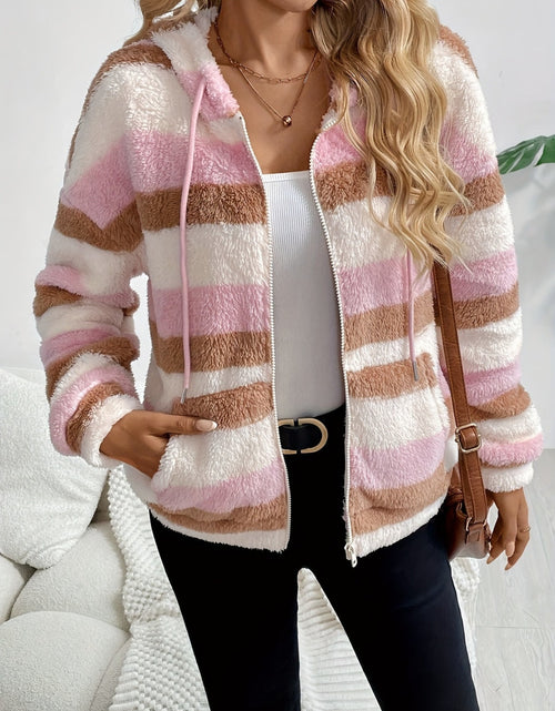 Load image into Gallery viewer, Drawstring Striped Zip Up Hooded Jacket

