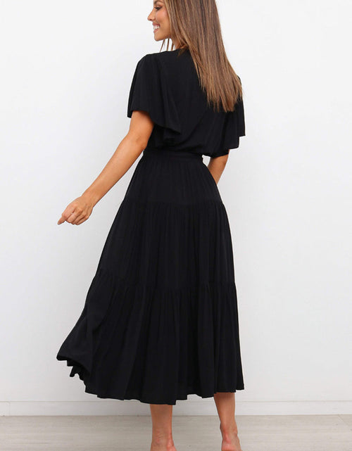 Load image into Gallery viewer, Front Tie Short Sleeve Tiered Midi Dress
