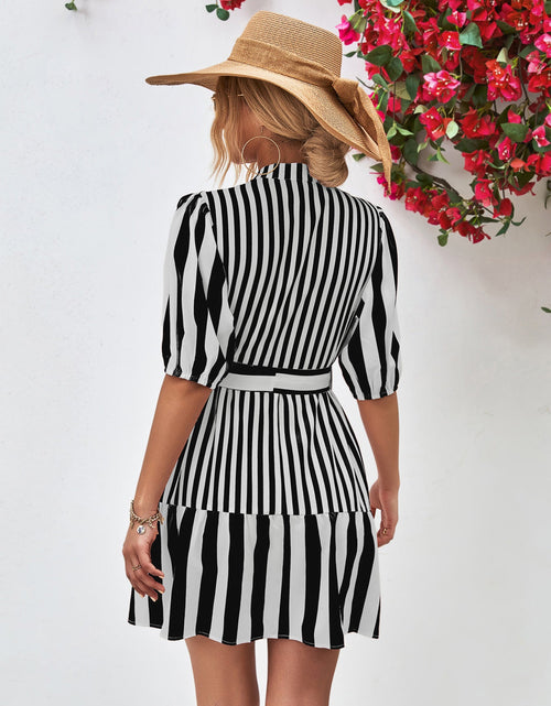 Load image into Gallery viewer, Striped Half Sleeve Tie Waist Mini Dress
