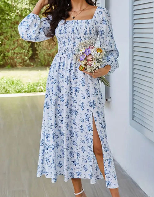 Load image into Gallery viewer, Slit Smocked Floral Square Neck Balloon Sleeve Midi Dress
