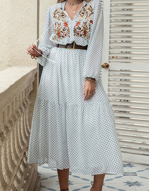 Load image into Gallery viewer, Plus Size Printed Tie Neck Long Sleeve Midi Dress
