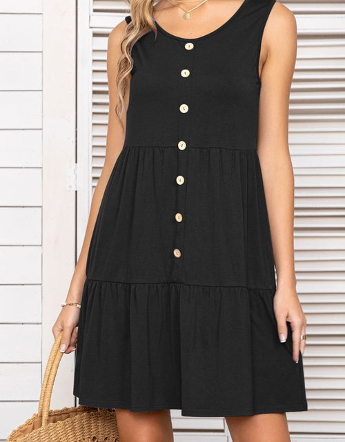 Load image into Gallery viewer, Decorative Button Scoop Neck Sleeveless Tiered Dress

