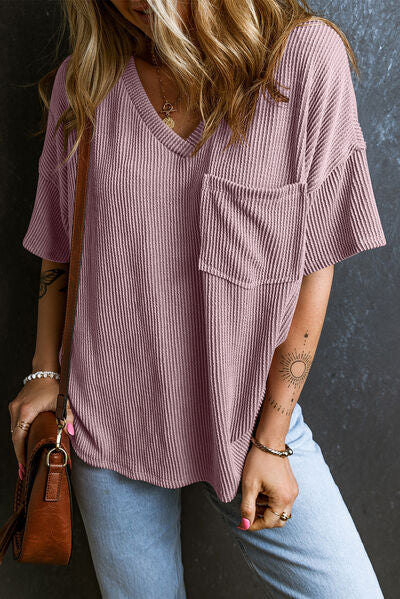 Load image into Gallery viewer, Textured V-Neck Dropped Shoulder T-Shirt
