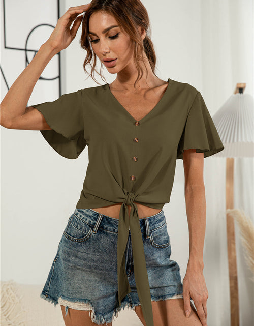 Load image into Gallery viewer, Decorative Button V-Neck Tied Blouse
